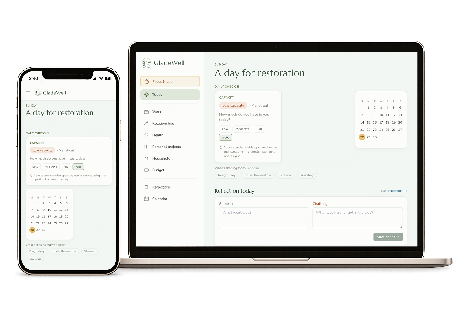 GladeWell's Today dashboard on a device